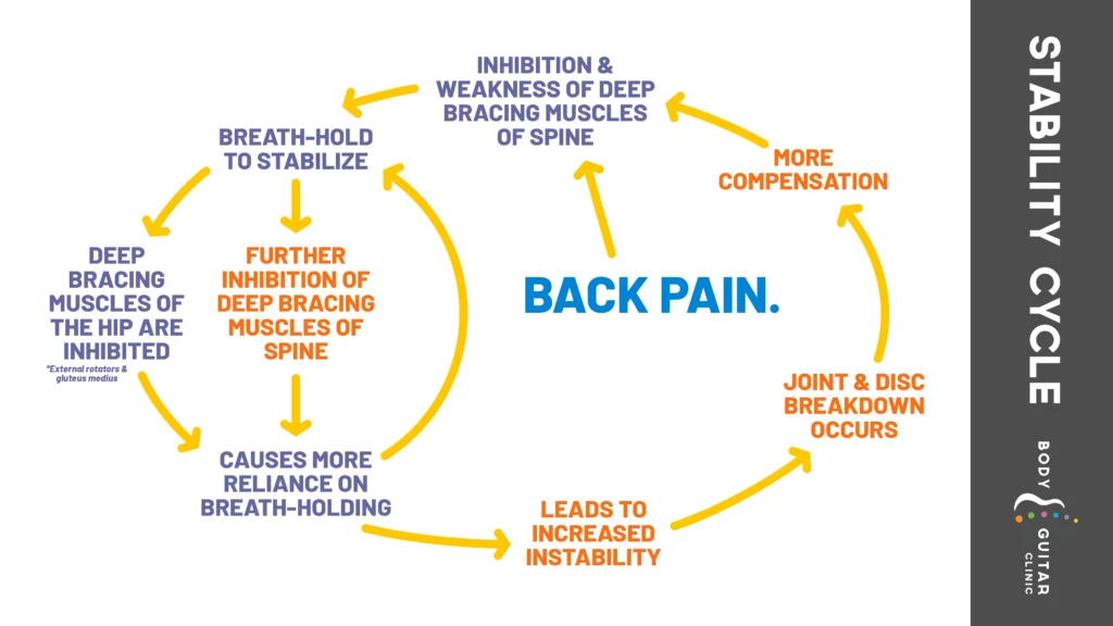 Diagram of the stability cycle in back pain: inhibition of bracing muscles, compensation, joint and disc breakdown, more instability